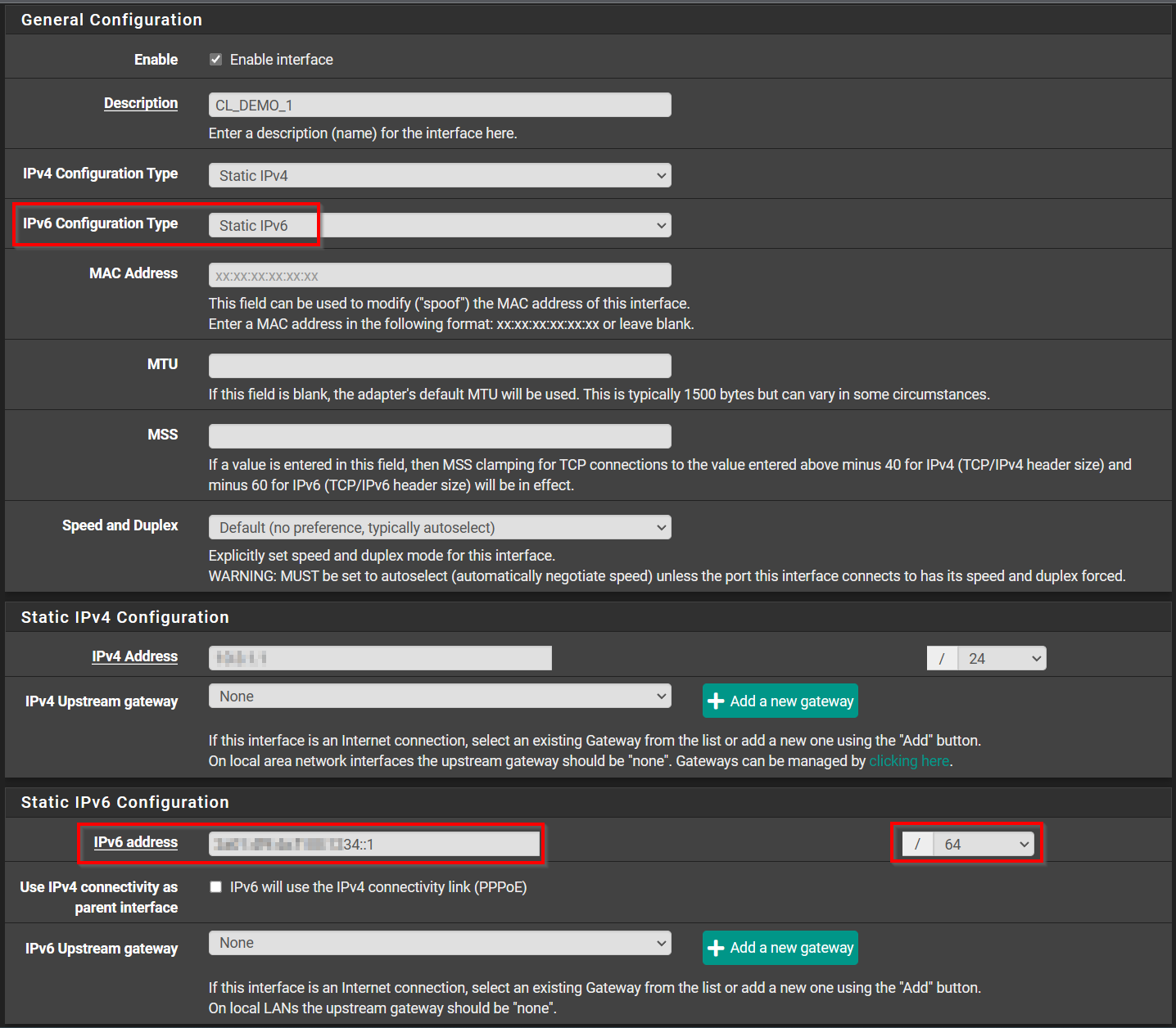 IPv6 WAN interface config